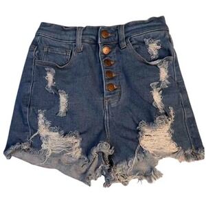 Vibrant M.I.U. ~ Distressed High Waisted Denim Shorts ~ Small ~ Five‎ Button Fly